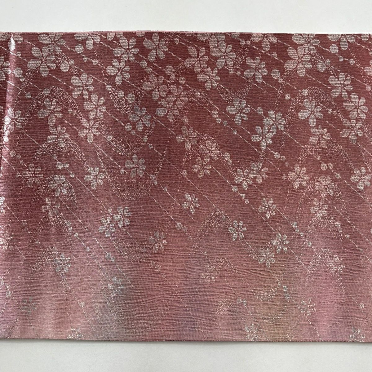 【美品】 袋帶 秀品級 單點圖案 花 流水 金金箔 螺鈿 粉色 六通 純蠶絲