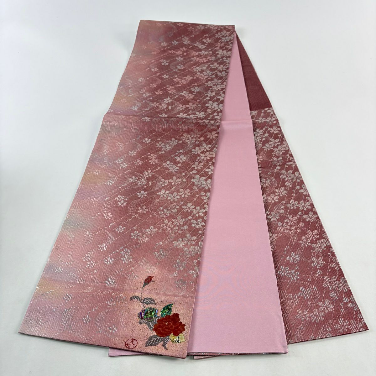 【美品】 袋帶 秀品級 單點圖案 花 流水 金金箔 螺鈿 粉色 六通 純蠶絲