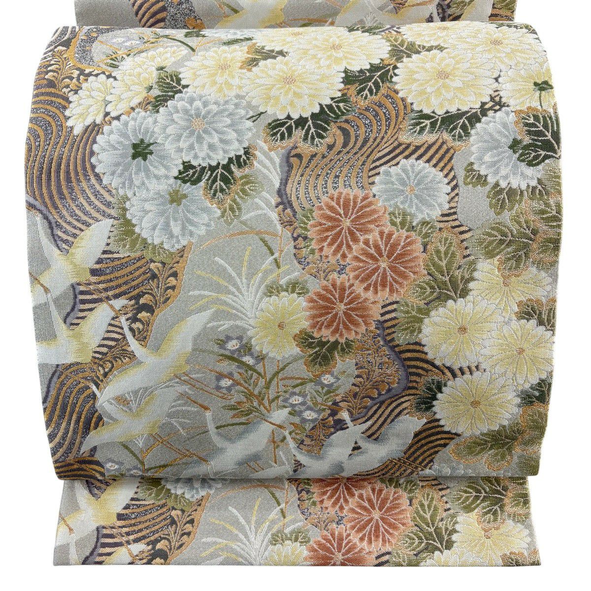 【美品】 袋帶 秀品級 大和 菊花 仙鶴 金絲 金金箔 灰色 六通 純蠶絲