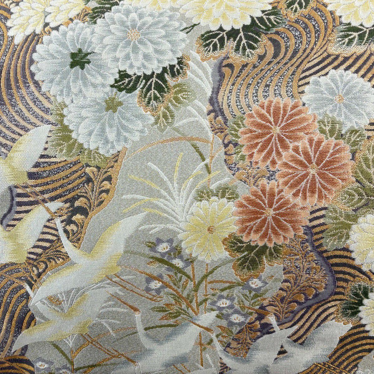 【美品】 袋帶 秀品級 大和 菊花 仙鶴 金絲 金金箔 灰色 六通 純蠶絲