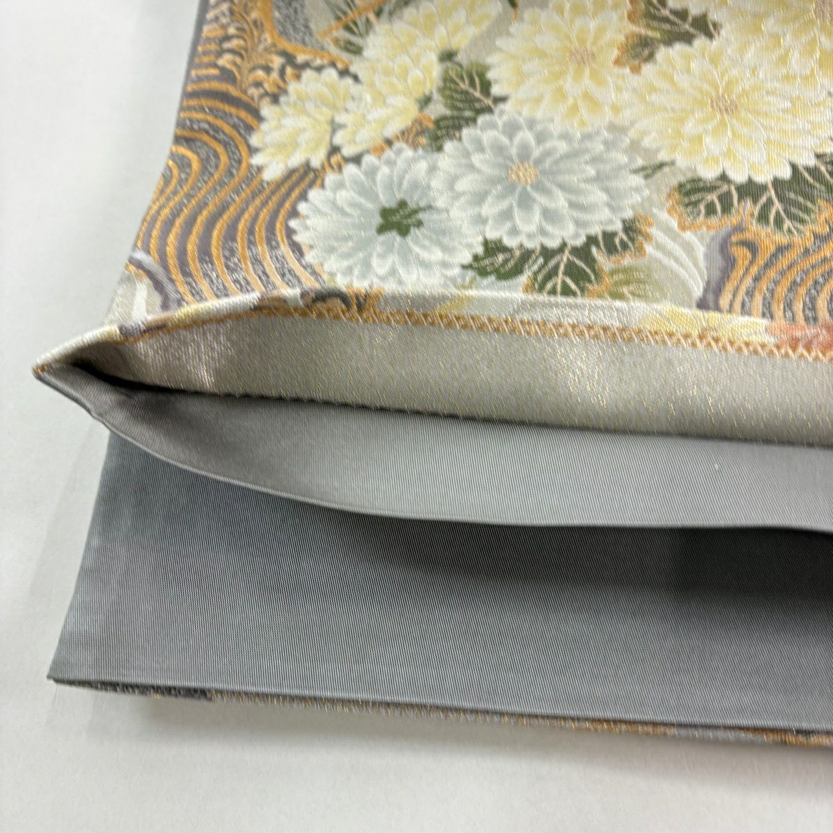 【美品】 袋帶 秀品級 大和 菊花 仙鶴 金絲 金金箔 灰色 六通 純蠶絲