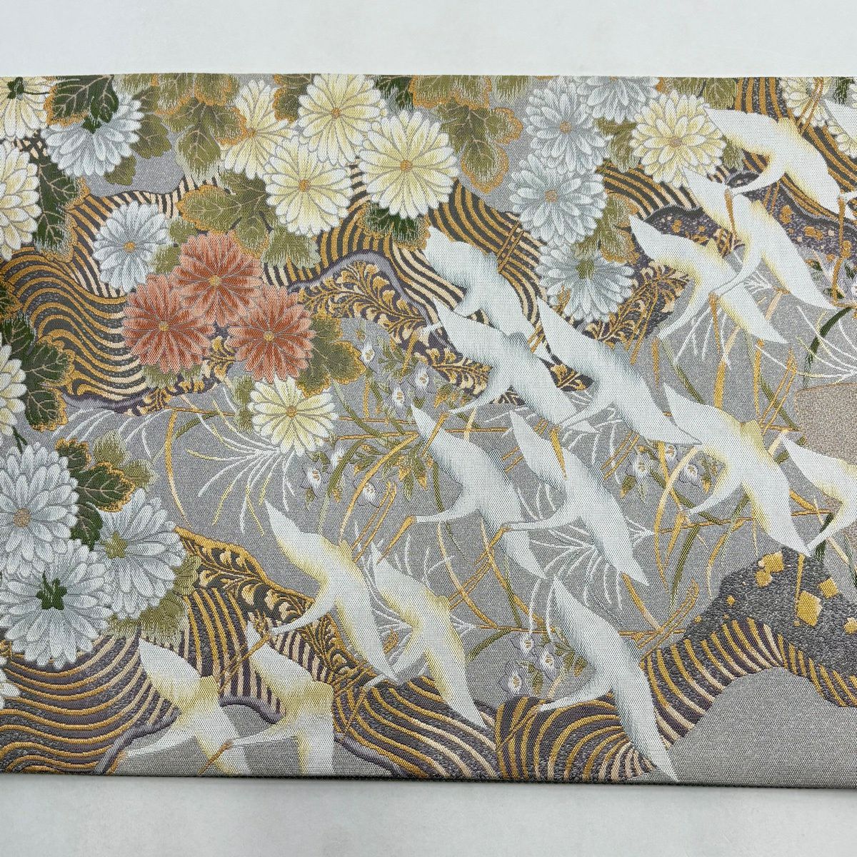 【美品】 袋帶 秀品級 大和 菊花 仙鶴 金絲 金金箔 灰色 六通 純蠶絲