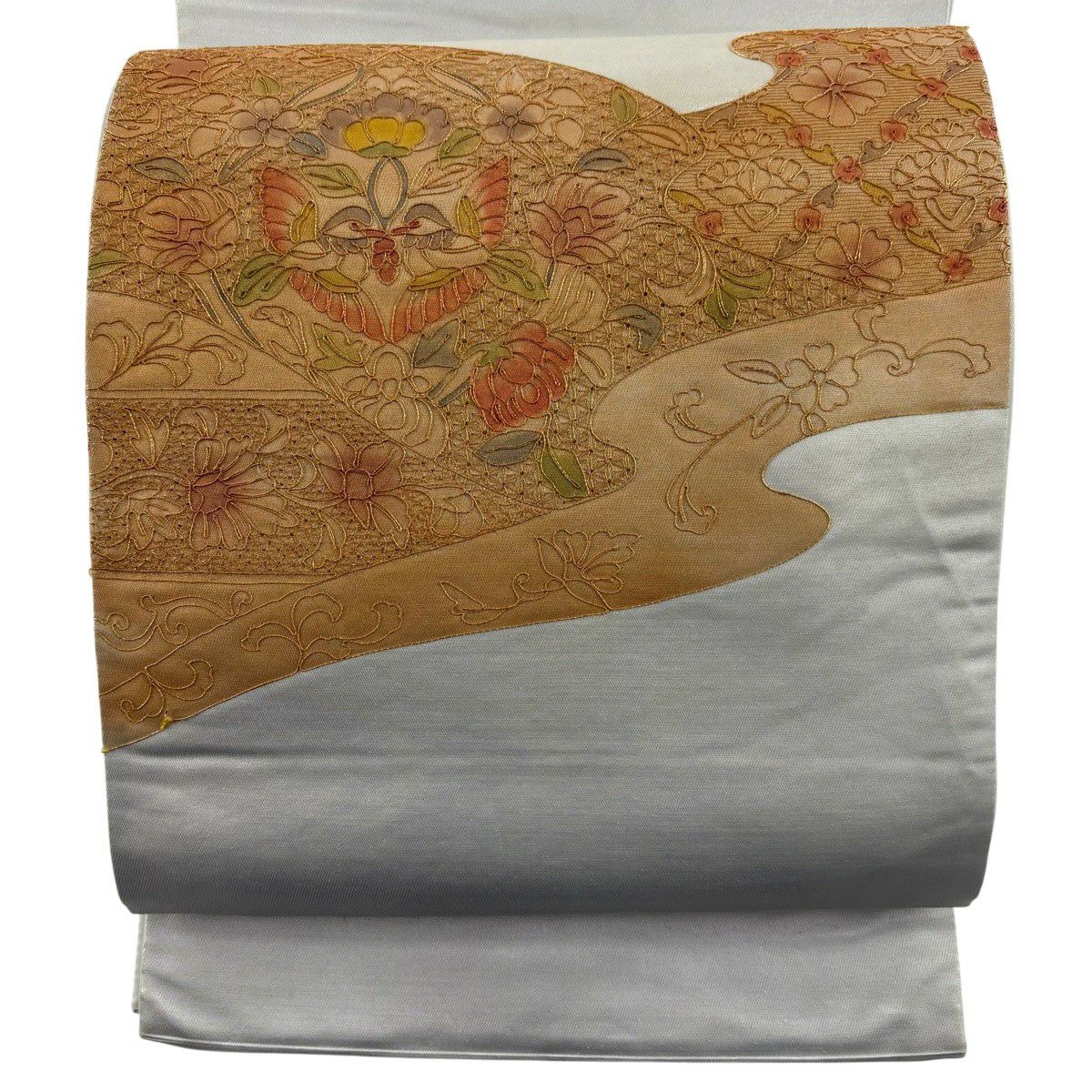 袋帶 秀品級 關西仕立 雙層 向鳥 草花紋刺繡 金線 灰綠 お太鼓圖案 純蠶絲