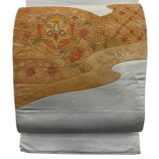 袋帶 秀品級 關西仕立 雙層 向鳥 草花紋刺繡 金線 灰綠 お太鼓圖案 純蠶絲