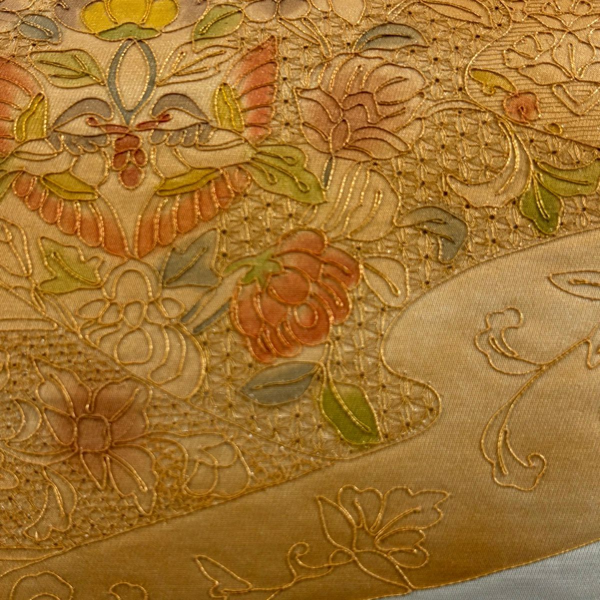 袋帶 秀品級 關西仕立 雙層 向鳥 草花紋刺繡 金線 灰綠 お太鼓圖案 純蠶絲