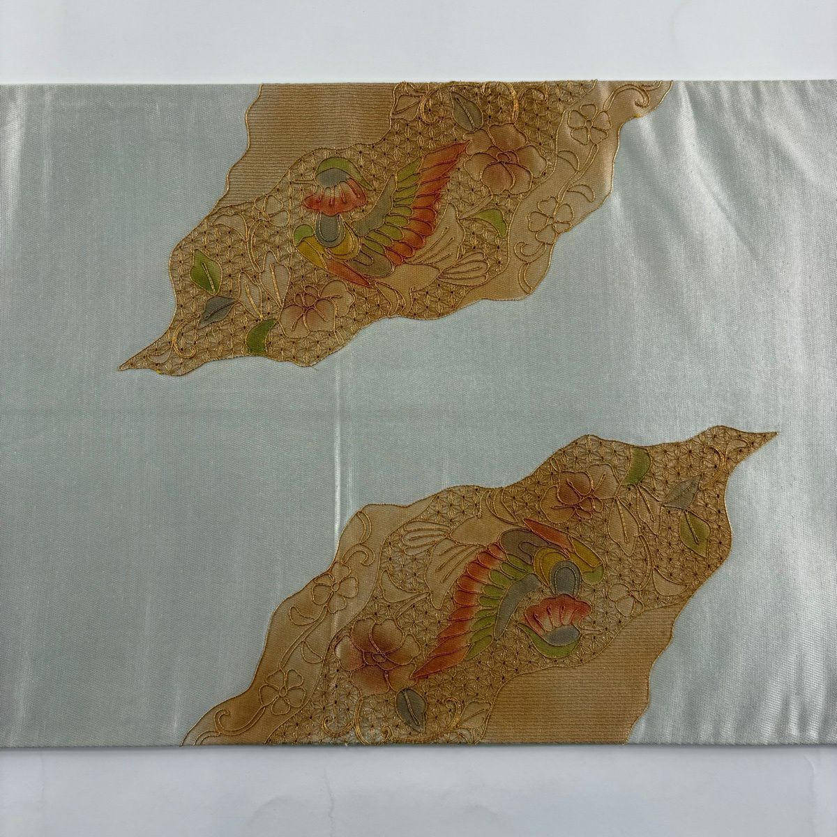 袋帶 秀品級 關西仕立 雙層 向鳥 草花紋刺繡 金線 灰綠 お太鼓圖案 純蠶絲