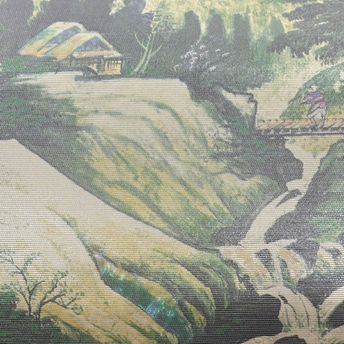 袋帶 秀品級 水邊的風景 家屋 螺鈿 金金箔 淺黃 大鼓圖案 純蠶絲