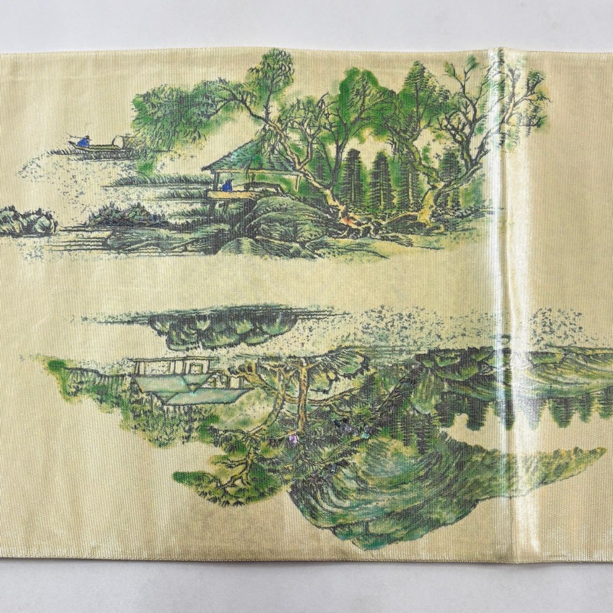袋帶 秀品級 水邊的風景 家屋 螺鈿 金金箔 淺黃 大鼓圖案 純蠶絲
