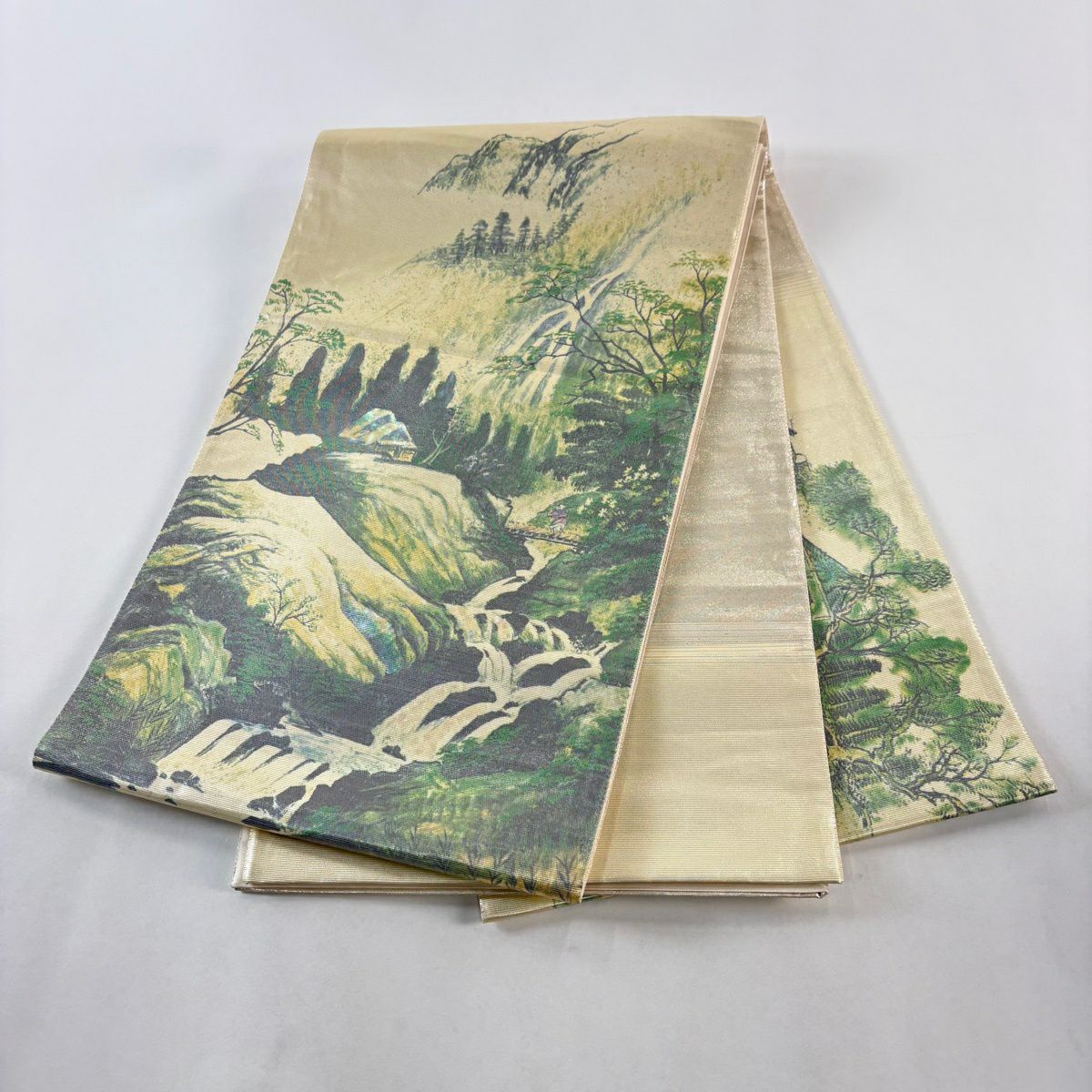 袋帶 秀品級 水邊的風景 家屋 螺鈿 金金箔 淺黃 大鼓圖案 純蠶絲