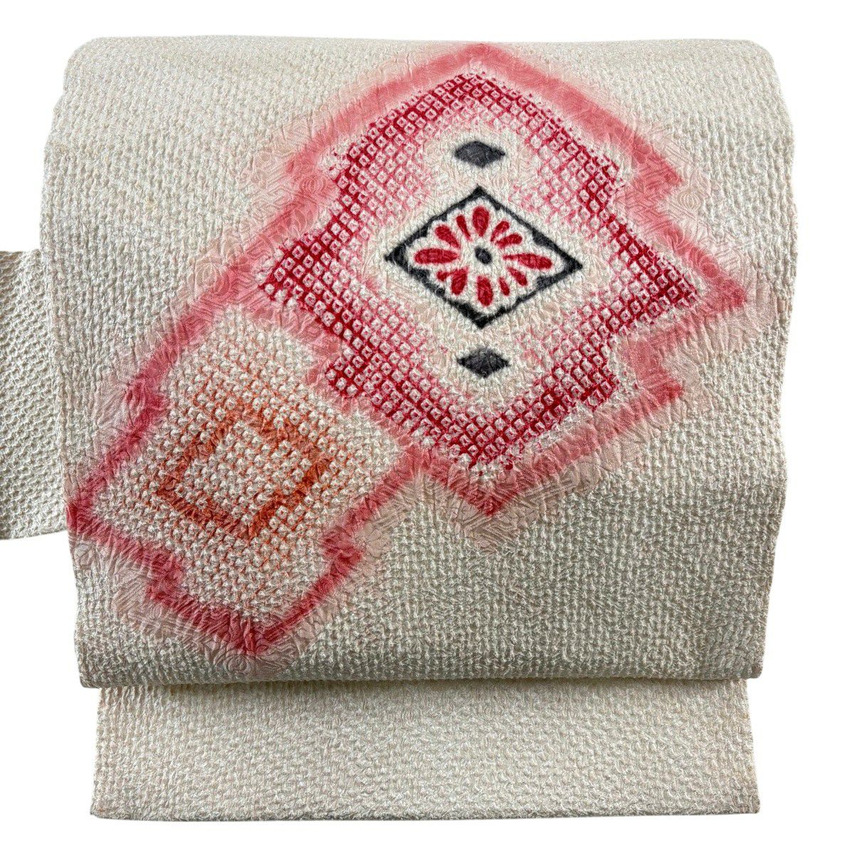 名古屋帶 秀品級 松樹皮菱 花 絞染 淺粉色 純蠶絲