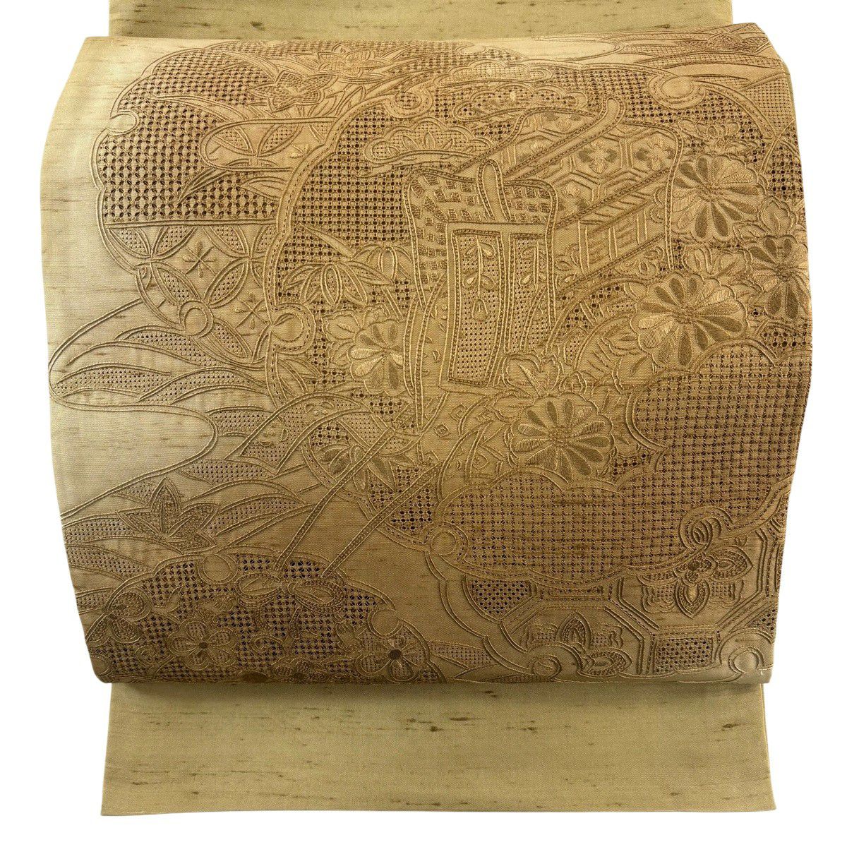 【美品】 袋帶 秀品級 附落款 紬織織 御所車 雪輪 刺繡 淺茶 金銀彩 正蠶絲