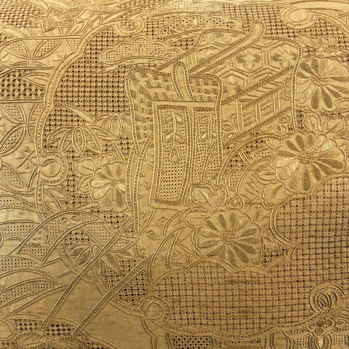 【美品】 袋帶 秀品級 附落款 紬織織 御所車 雪輪 刺繡 淺茶 金銀彩 正蠶絲