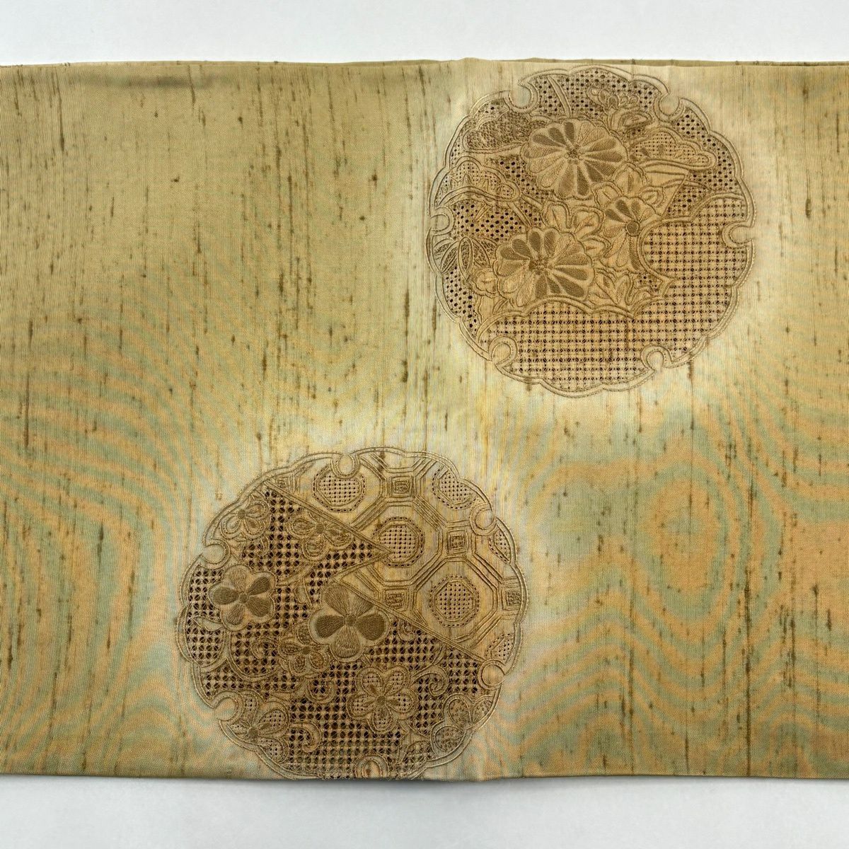 【美品】 袋帶 秀品級 附落款 紬織織 御所車 雪輪 刺繡 淺茶 金銀彩 正蠶絲