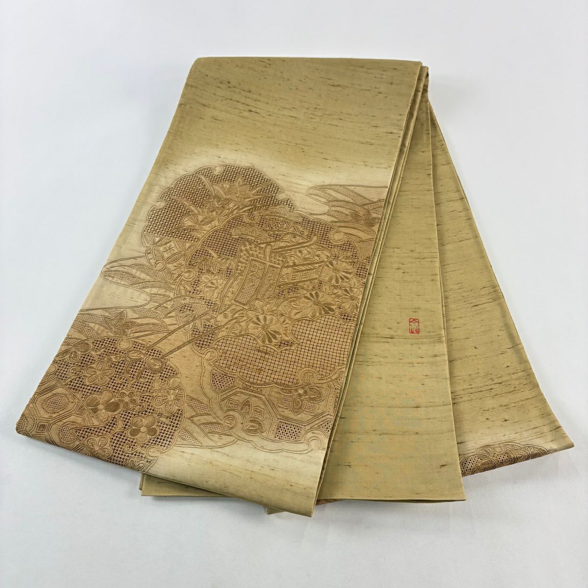 【美品】 袋帶 秀品級 附落款 紬織織 御所車 雪輪 刺繡 淺茶 金銀彩 正蠶絲
