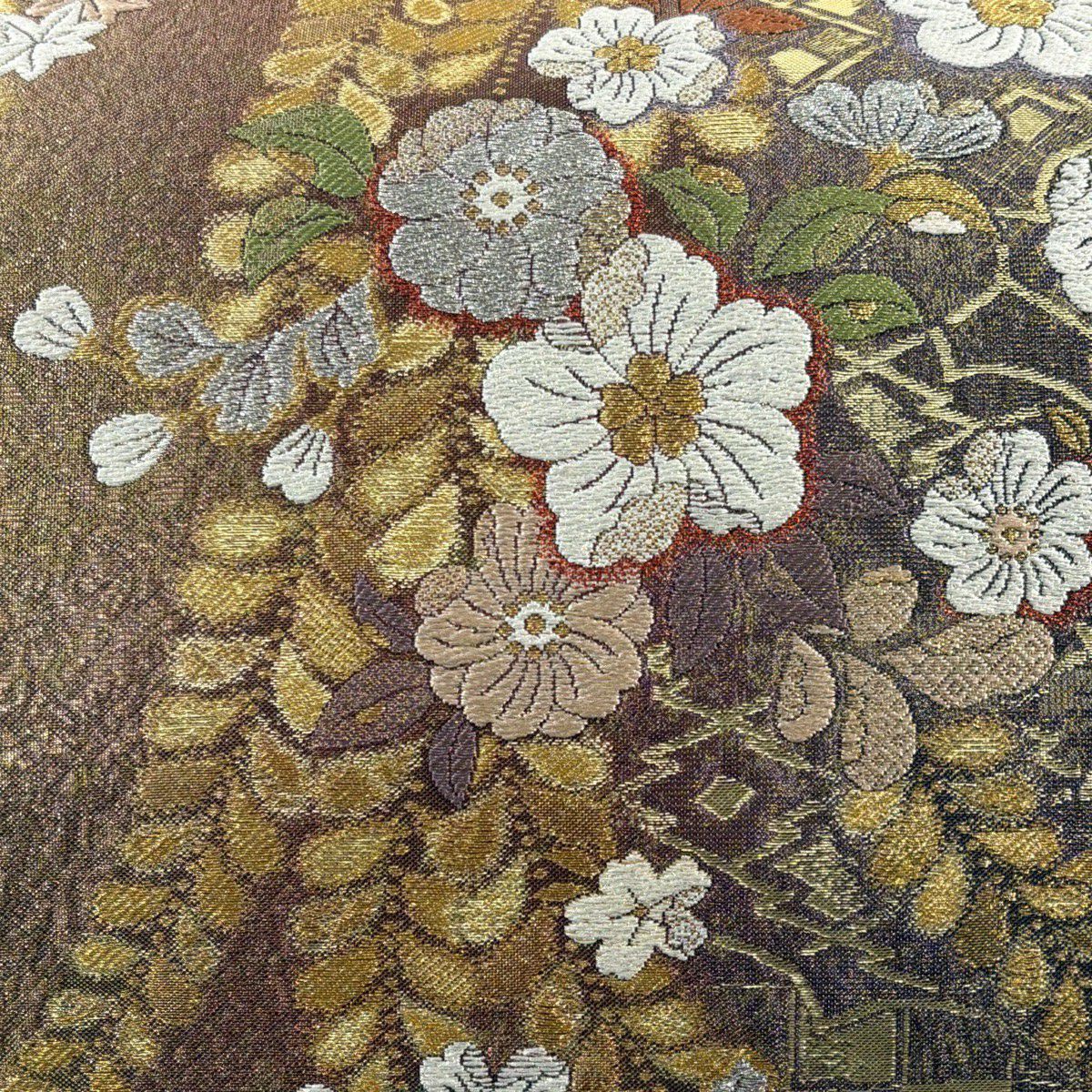 【美品】 袋帶 秀品級 大和 櫻花 有職紋樣 金銀彩 金金箔 紅茶 六通 純蠶絲