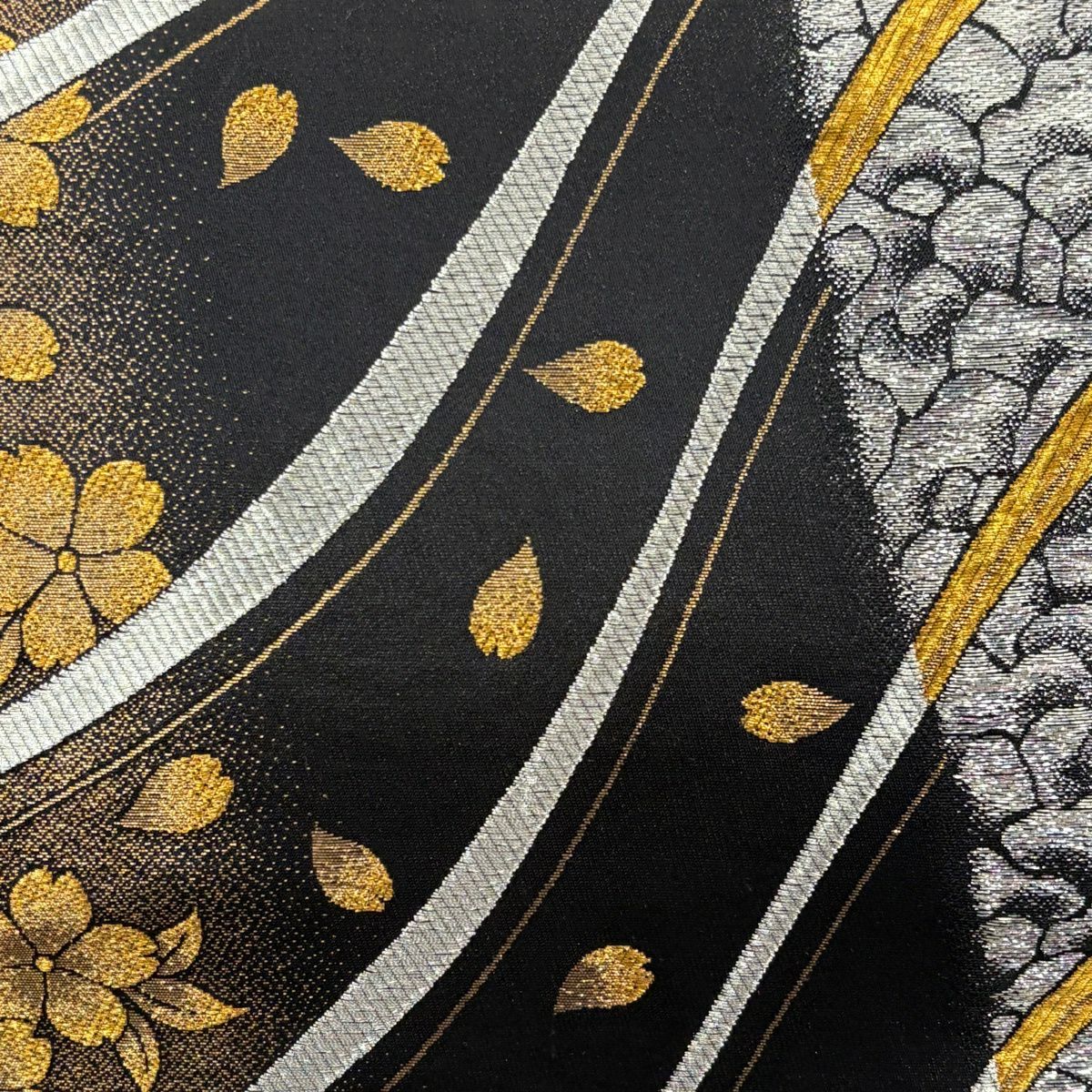 袋帶 秀品級 じゅらく 落款あり 樱花花瓣 金銀線 金金箔 黑 六通 純蠶絲