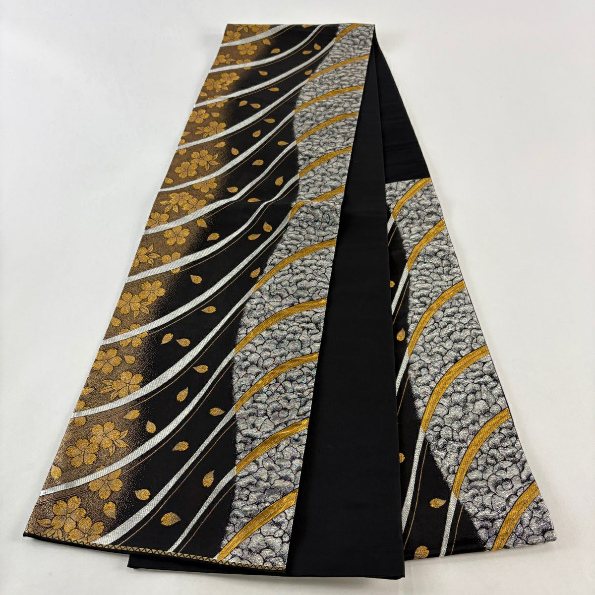 袋帶 秀品級 じゅらく 落款あり 樱花花瓣 金銀線 金金箔 黑 六通 純蠶絲