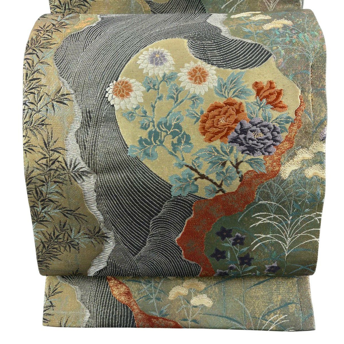 【美品】 袋帶 秀品級 牡丹 秋草 金金箔 銀線 灰綠 六通 純蠶絲