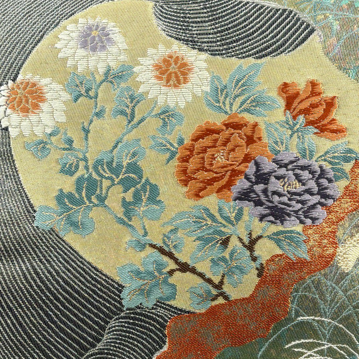 【美品】 袋帶 秀品級 牡丹 秋草 金金箔 銀線 灰綠 六通 純蠶絲