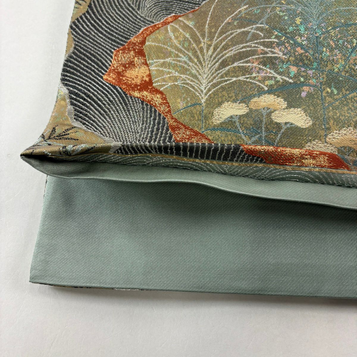【美品】 袋帶 秀品級 牡丹 秋草 金金箔 銀線 灰綠 六通 純蠶絲