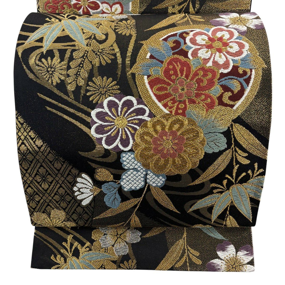 【美品】 袋帶 秀品級 鈴乃屋 樱花 菊花花 金銀彩 金金箔 黑 六通 純蠶絲