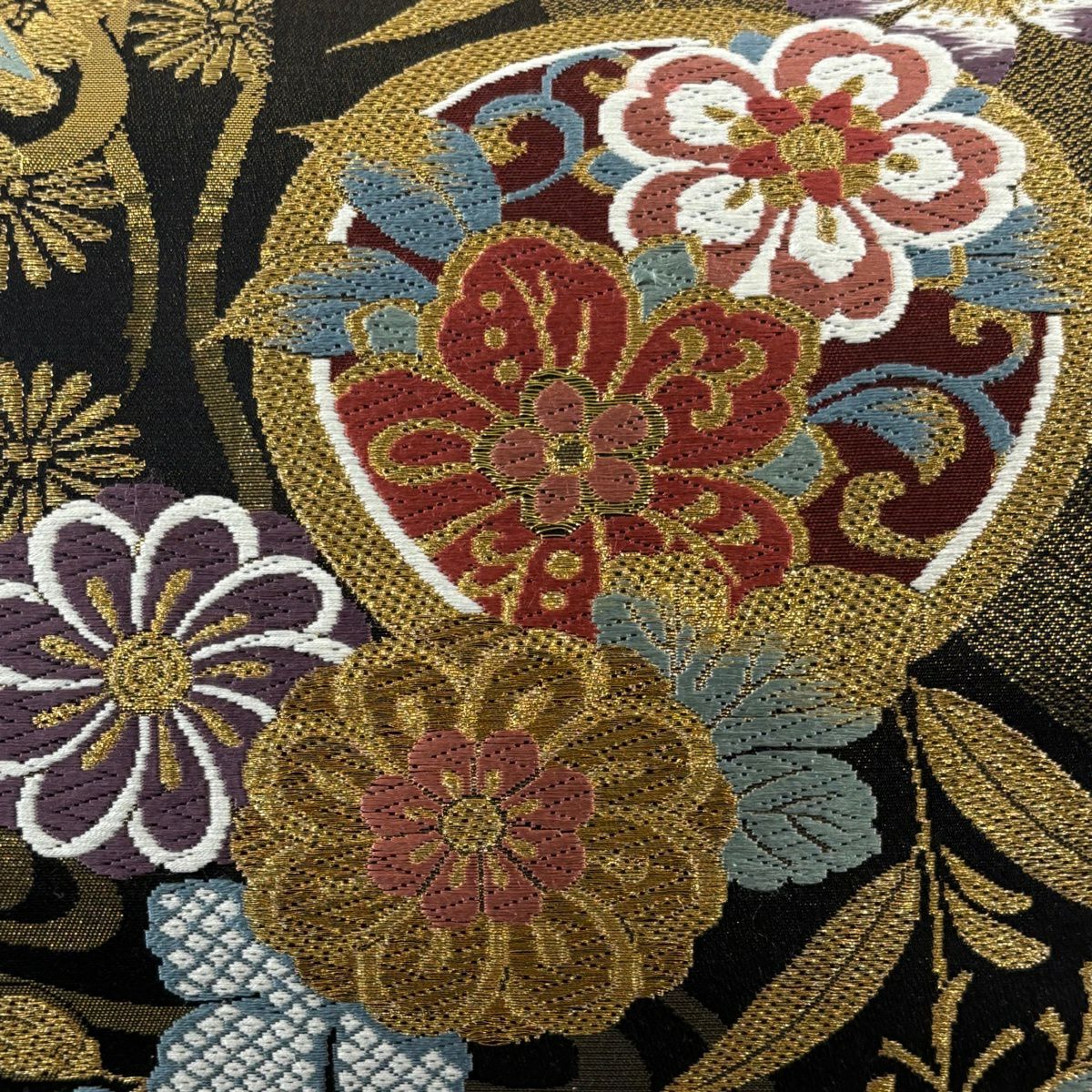 【美品】 袋帶 秀品級 鈴乃屋 樱花 菊花花 金銀彩 金金箔 黑 六通 純蠶絲