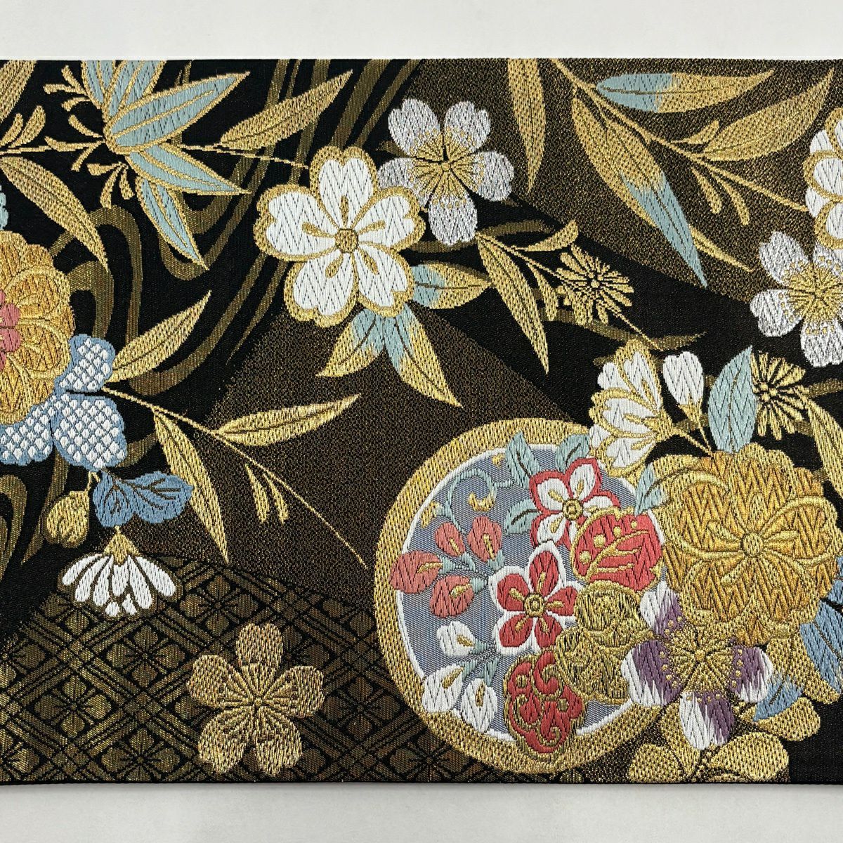 【美品】 袋帶 秀品級 鈴乃屋 樱花 菊花花 金銀彩 金金箔 黑 六通 純蠶絲