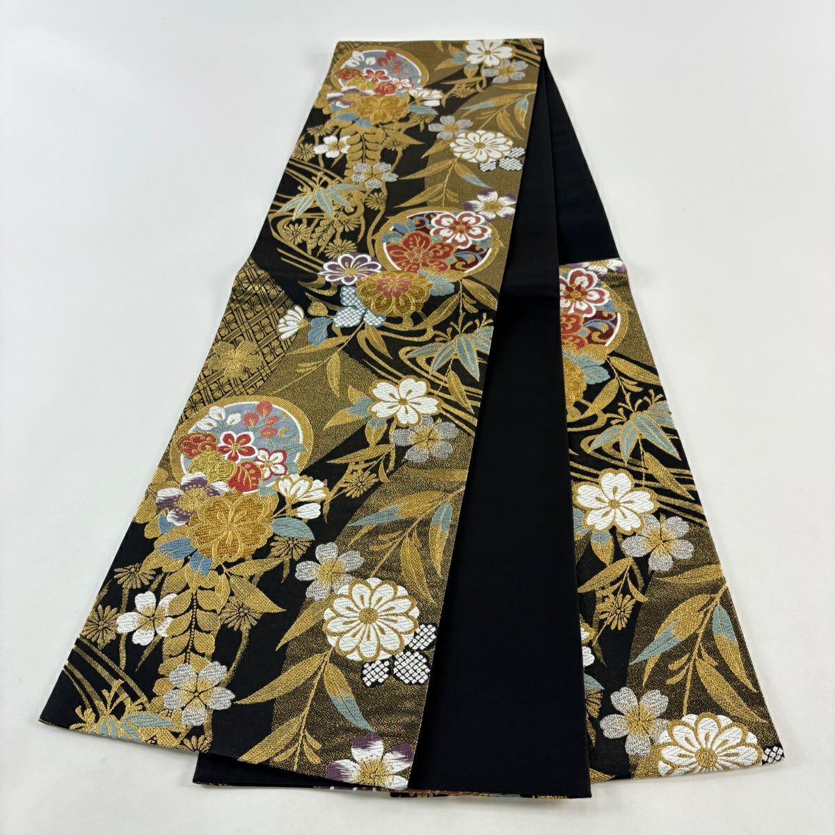 【美品】 袋帶 秀品級 鈴乃屋 樱花 菊花花 金銀彩 金金箔 黑 六通 純蠶絲