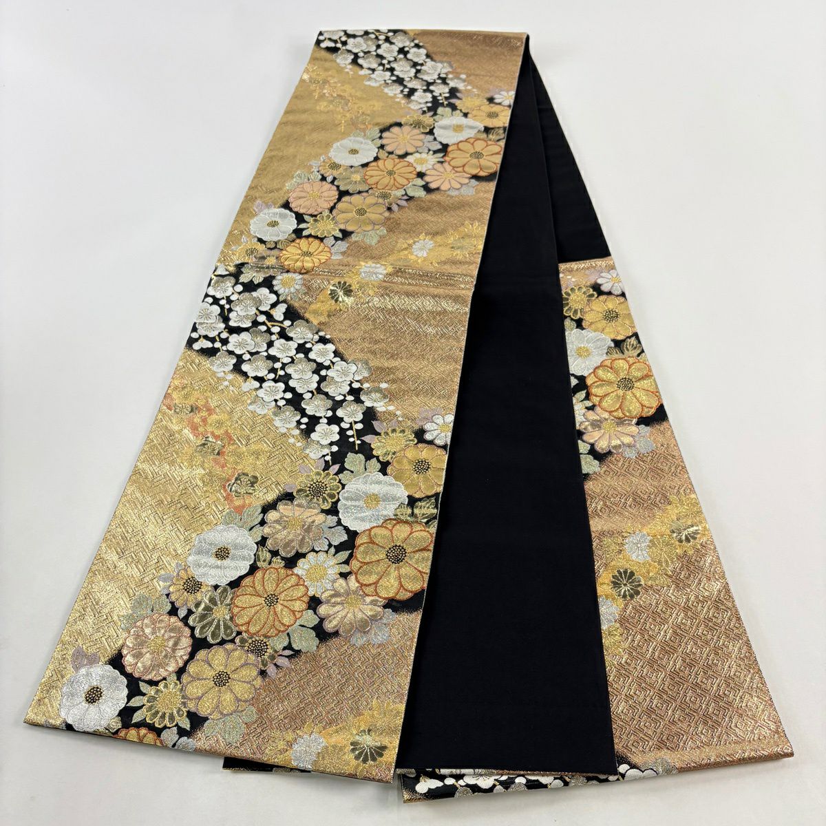 【美品】 袋帶 秀品級 菊花 梅花 金金箔 金色 六通 純蠶絲