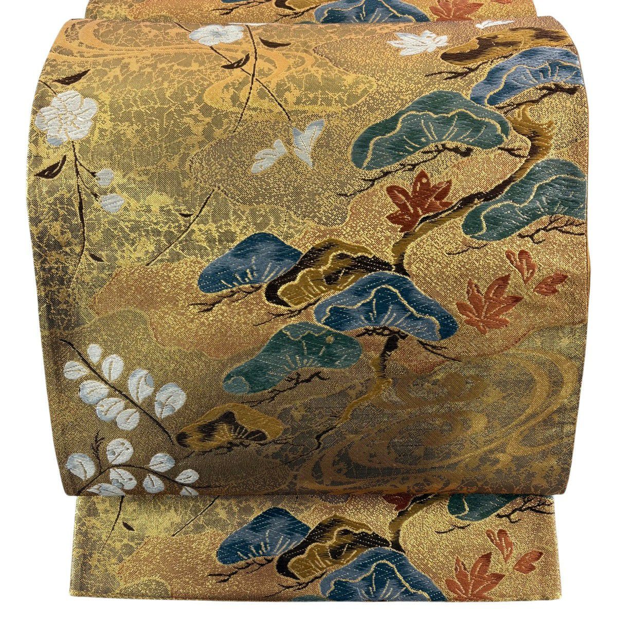 【美品】 袋帶 秀品級 笠松樹 櫻花 刺繡 金金箔 金色 六通 純蠶絲