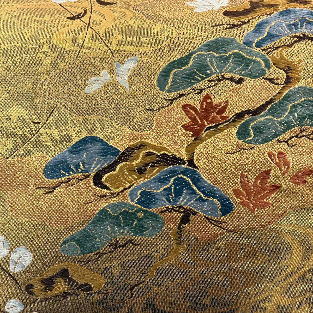 【美品】 袋帶 秀品級 笠松樹 櫻花 刺繡 金金箔 金色 六通 純蠶絲