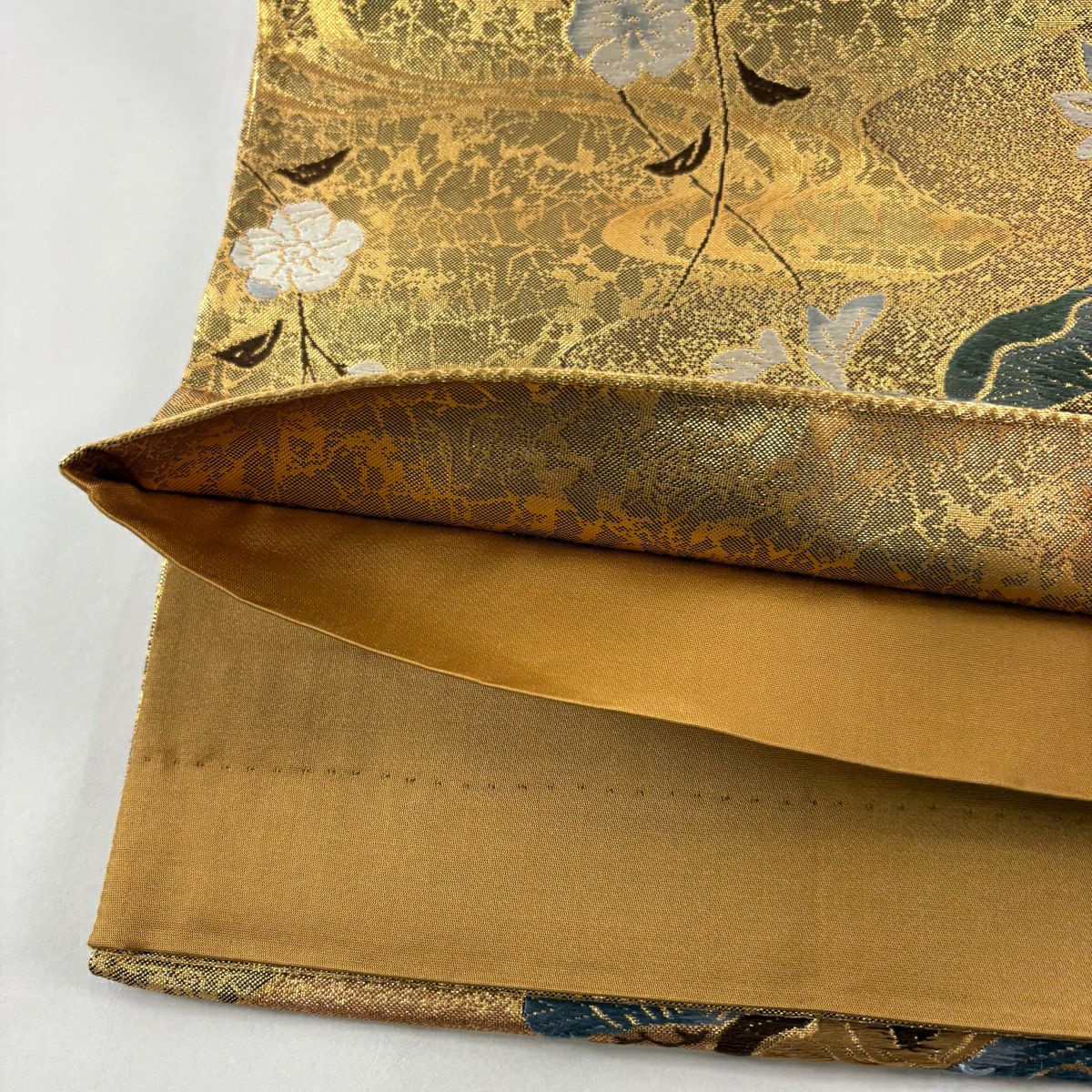 【美品】 袋帶 秀品級 笠松樹 櫻花 刺繡 金金箔 金色 六通 純蠶絲