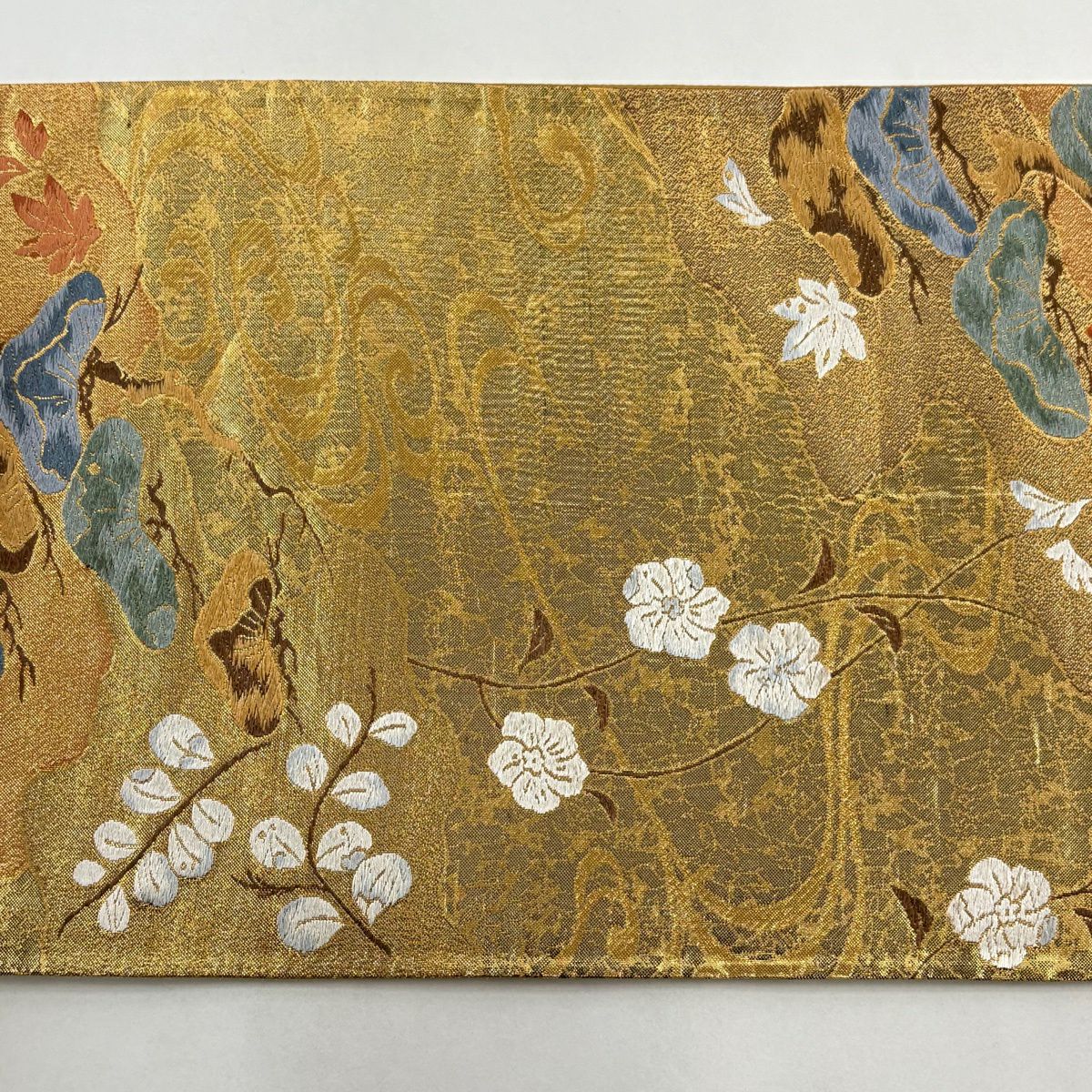 【美品】 袋帶 秀品級 笠松樹 櫻花 刺繡 金金箔 金色 六通 純蠶絲