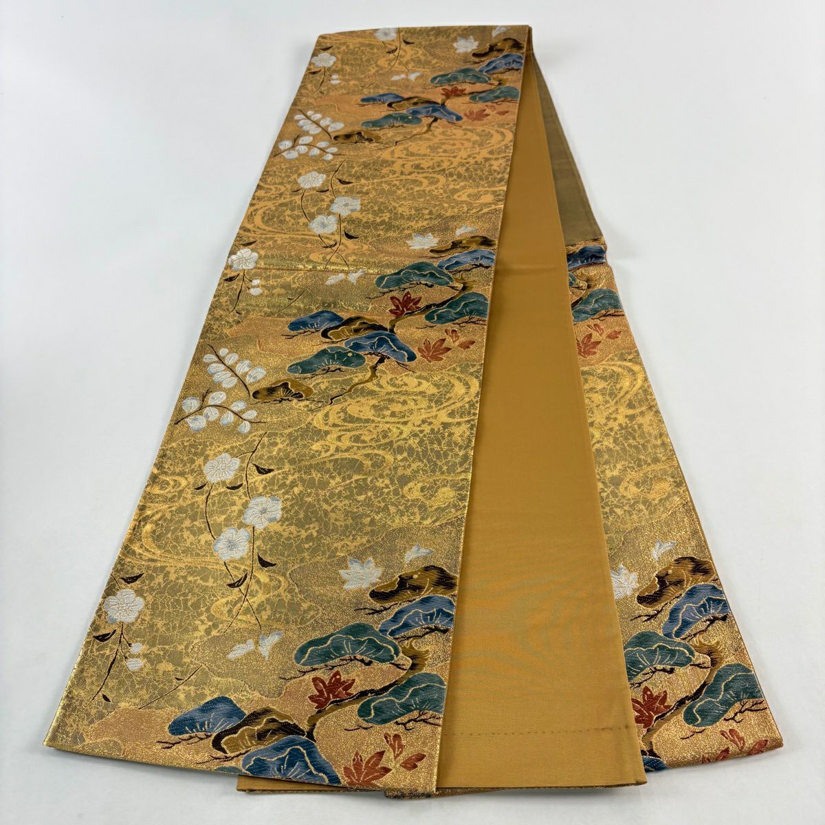 【美品】 袋帶 秀品級 笠松樹 櫻花 刺繡 金金箔 金色 六通 純蠶絲