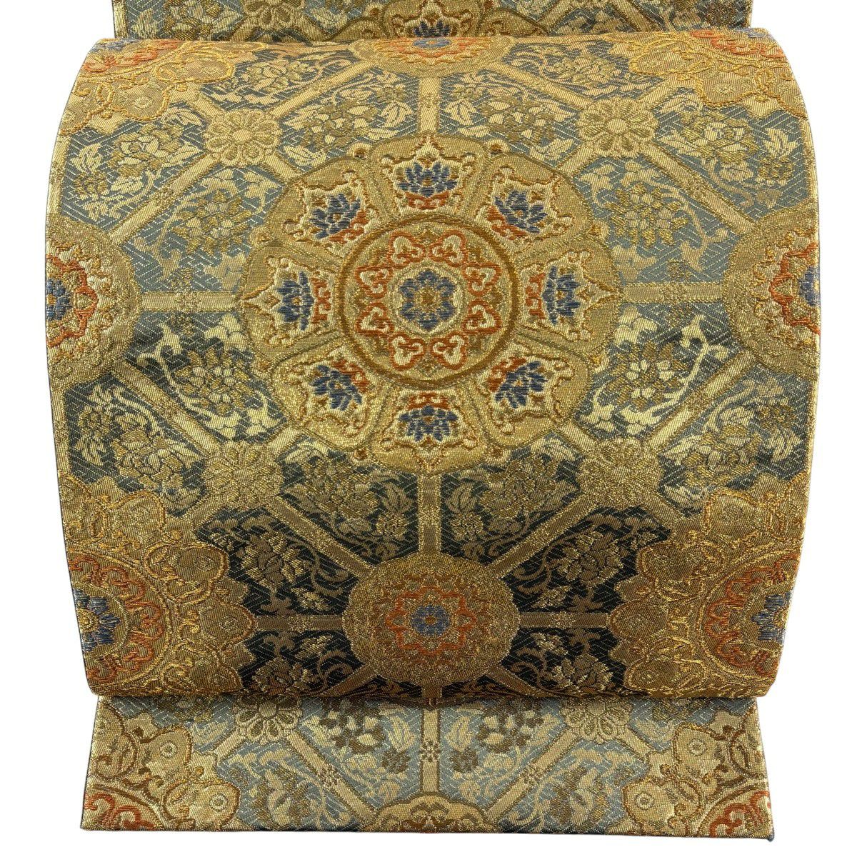 【美品】 袋帶 秀品級 華紋 草花紋 金糸 金金箔 灰綠 六通 純蠶絲