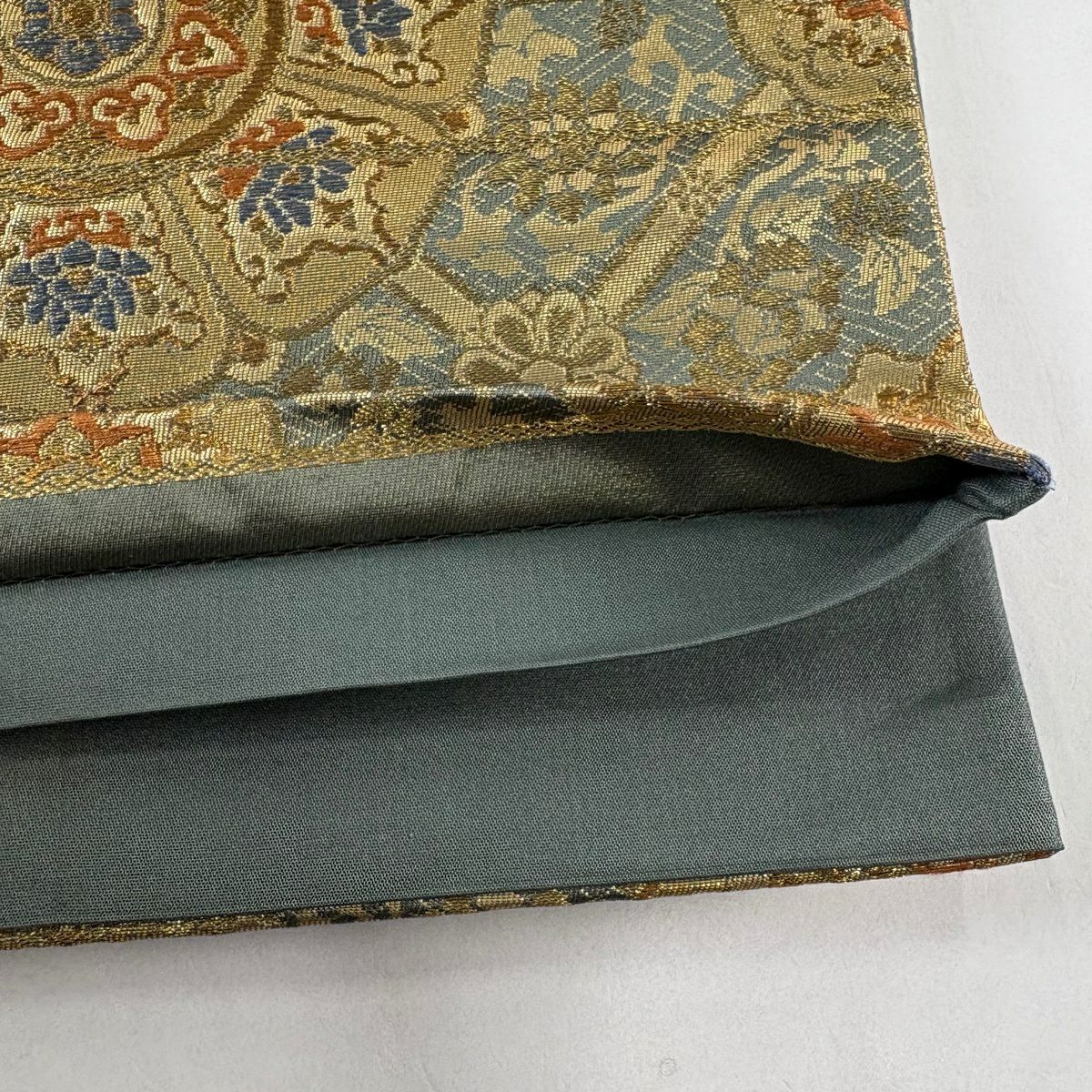 【美品】 袋帶 秀品級 華紋 草花紋 金糸 金金箔 灰綠 六通 純蠶絲