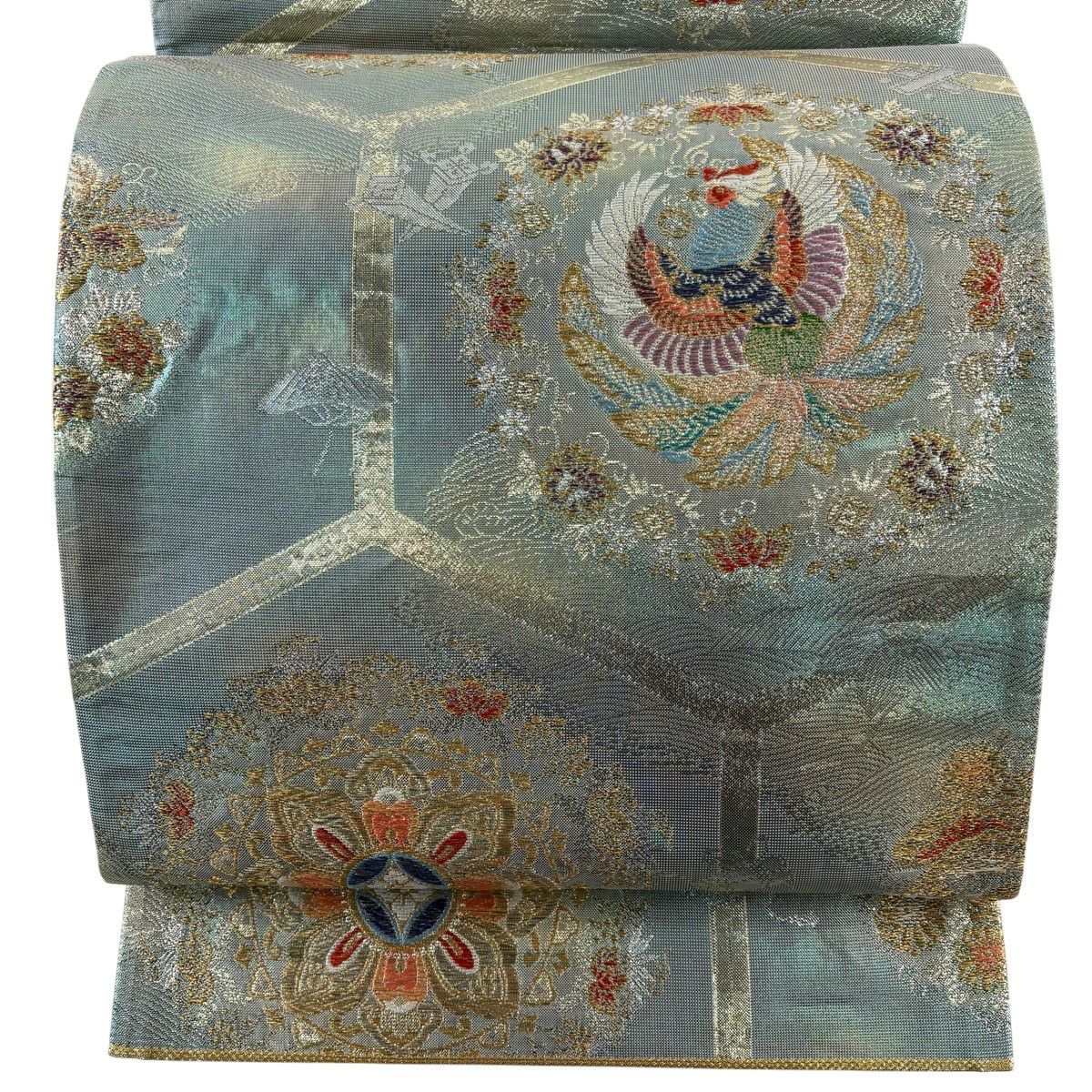 【美品】 袋帶 秀品級 關西仕立 鳳凰 華紋 金絲 金金箔 淺青綠 六通 純蠶絲