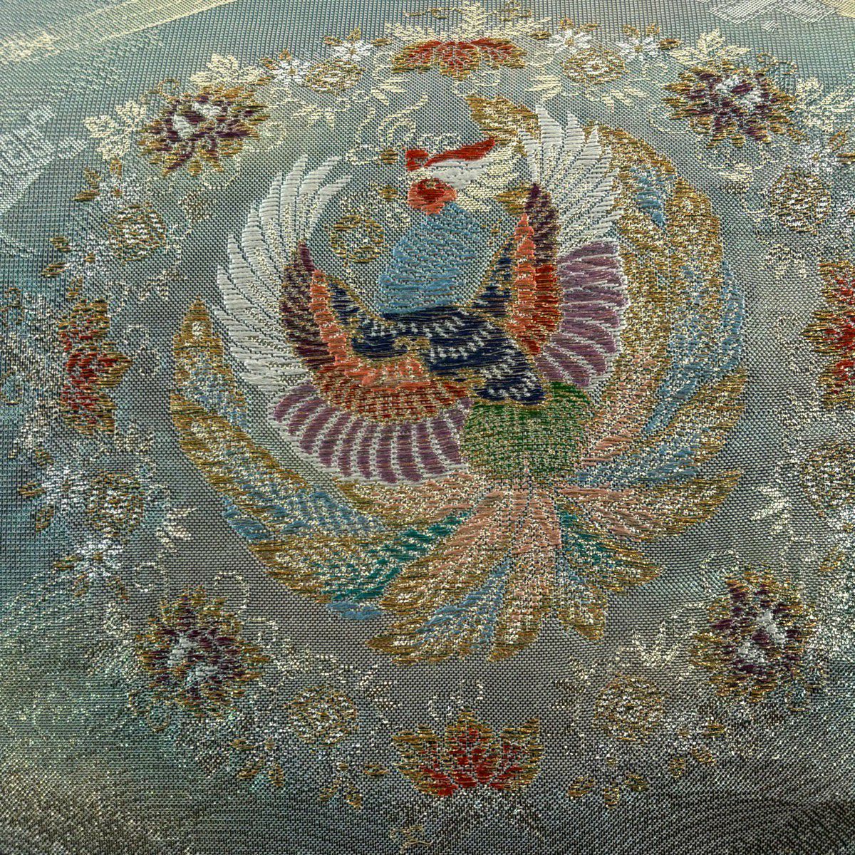 【美品】 袋帶 秀品級 關西仕立 鳳凰 華紋 金絲 金金箔 淺青綠 六通 純蠶絲