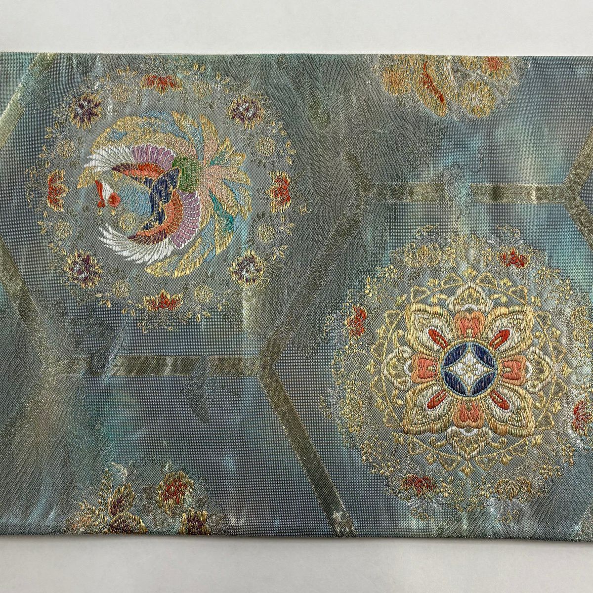 【美品】 袋帶 秀品級 關西仕立 鳳凰 華紋 金絲 金金箔 淺青綠 六通 純蠶絲
