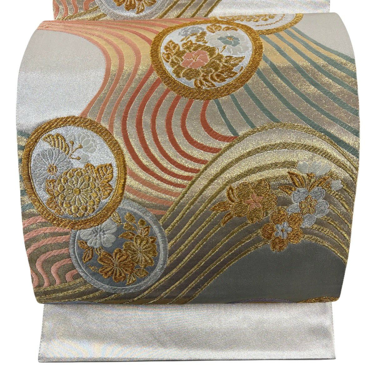 【美品】 袋帶 秀品級 草花紋 流水 金銀線 刺繡 金色 六通 純蠶絲