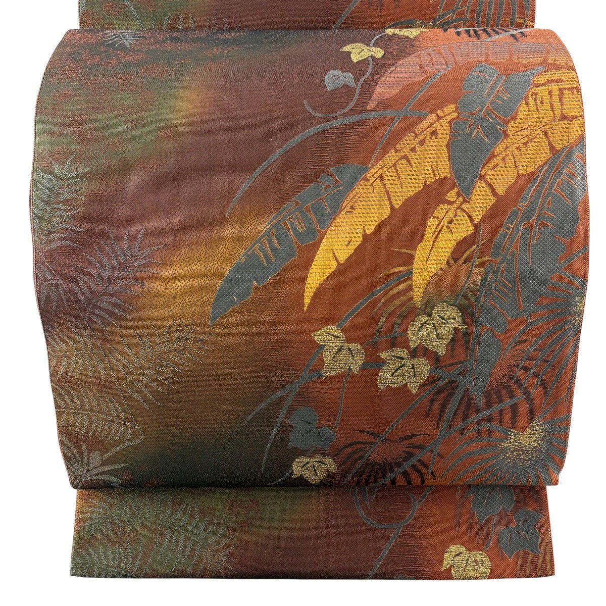 【美品】 袋帶 秀品級 葉紋 漸層 金金箔 泥染 紅茶 六通 純蠶絲