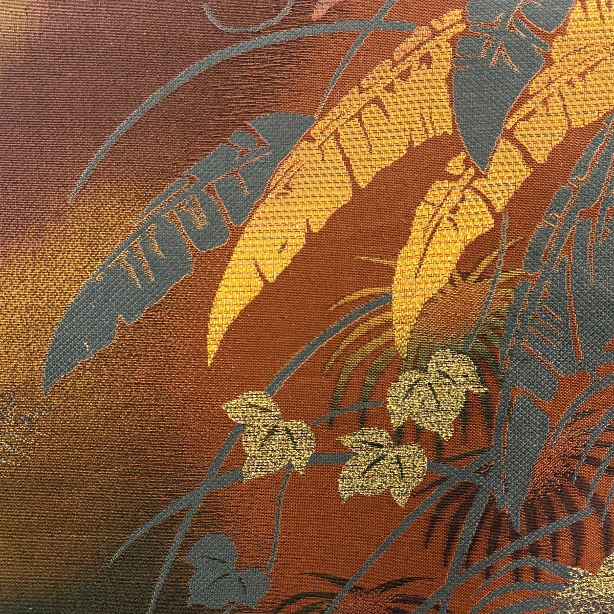 【美品】 袋帶 秀品級 葉紋 漸層 金金箔 泥染 紅茶 六通 純蠶絲