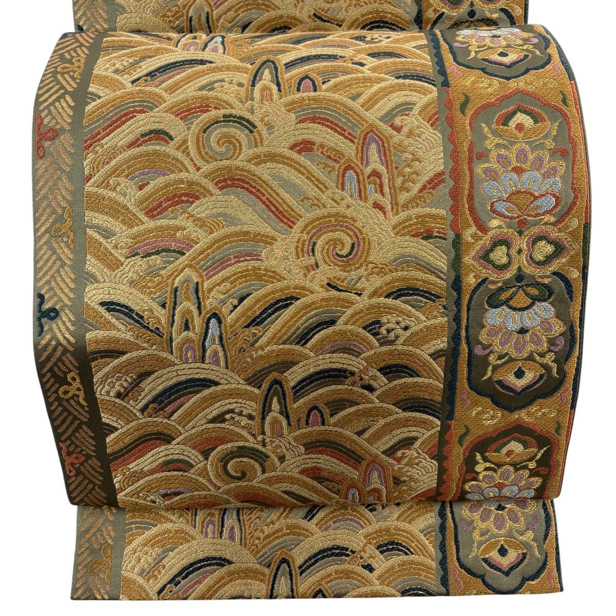 【美品】 袋帶 秀品級 波 草花紋 唐織 金金箔 鶯 深藍 六通 純蠶絲