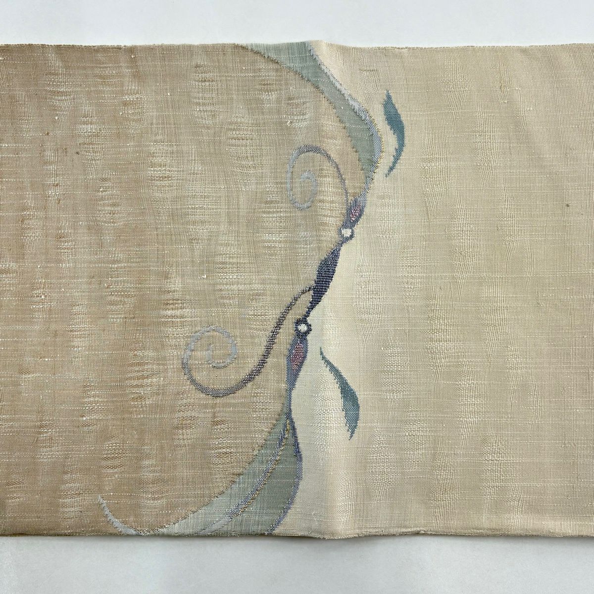【美品】 袋帶 優品級 紬織織 幾何學 金絲 米色 大鼓圖案 純蠶絲