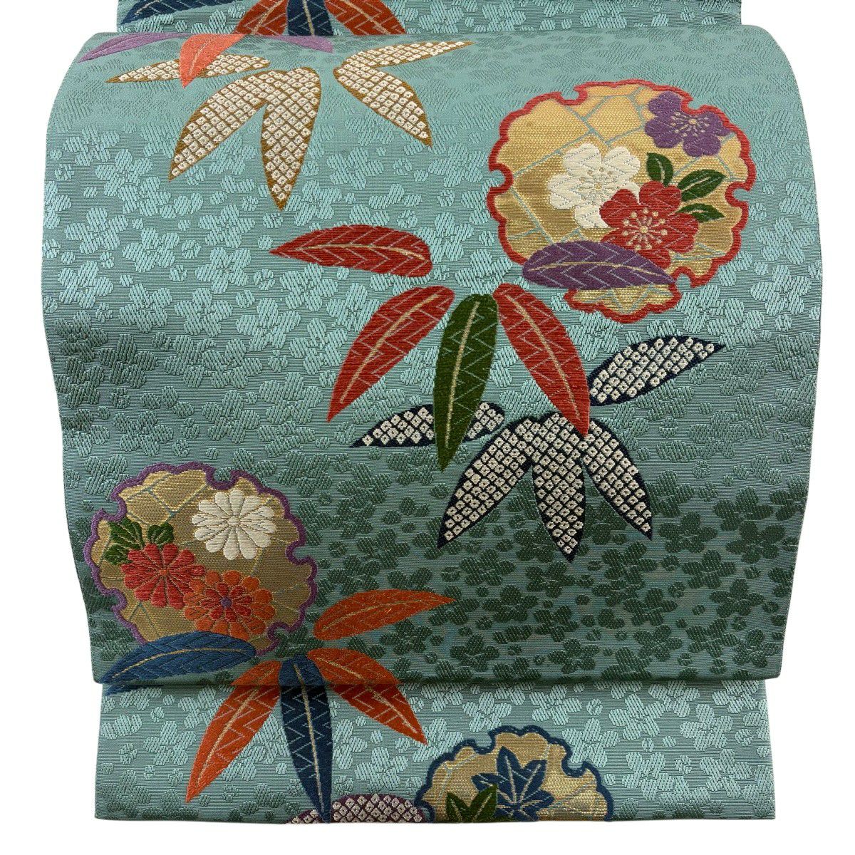 【美品】 袋帶 秀品級 花井幸子 落款 雪輪 笹 金金箔 唐織 青綠 六通 純蠶絲