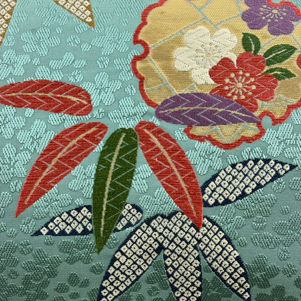 【美品】 袋帶 秀品級 花井幸子 落款 雪輪 笹 金金箔 唐織 青綠 六通 純蠶絲