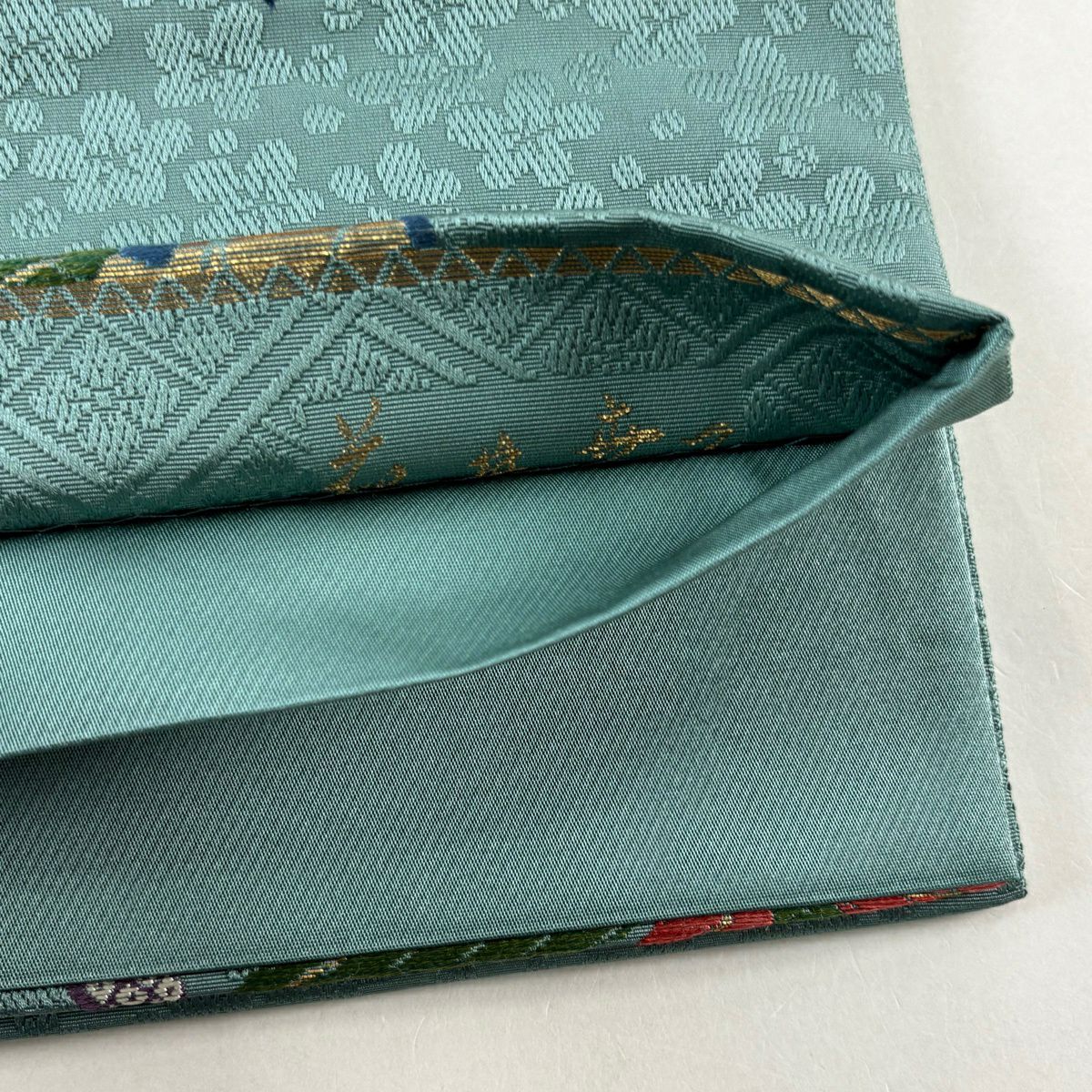 【美品】 袋帶 秀品級 花井幸子 落款 雪輪 笹 金金箔 唐織 青綠 六通 純蠶絲