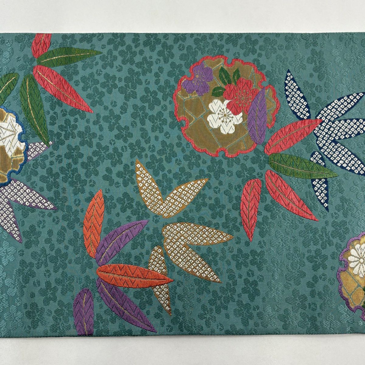 【美品】 袋帶 秀品級 花井幸子 落款 雪輪 笹 金金箔 唐織 青綠 六通 純蠶絲