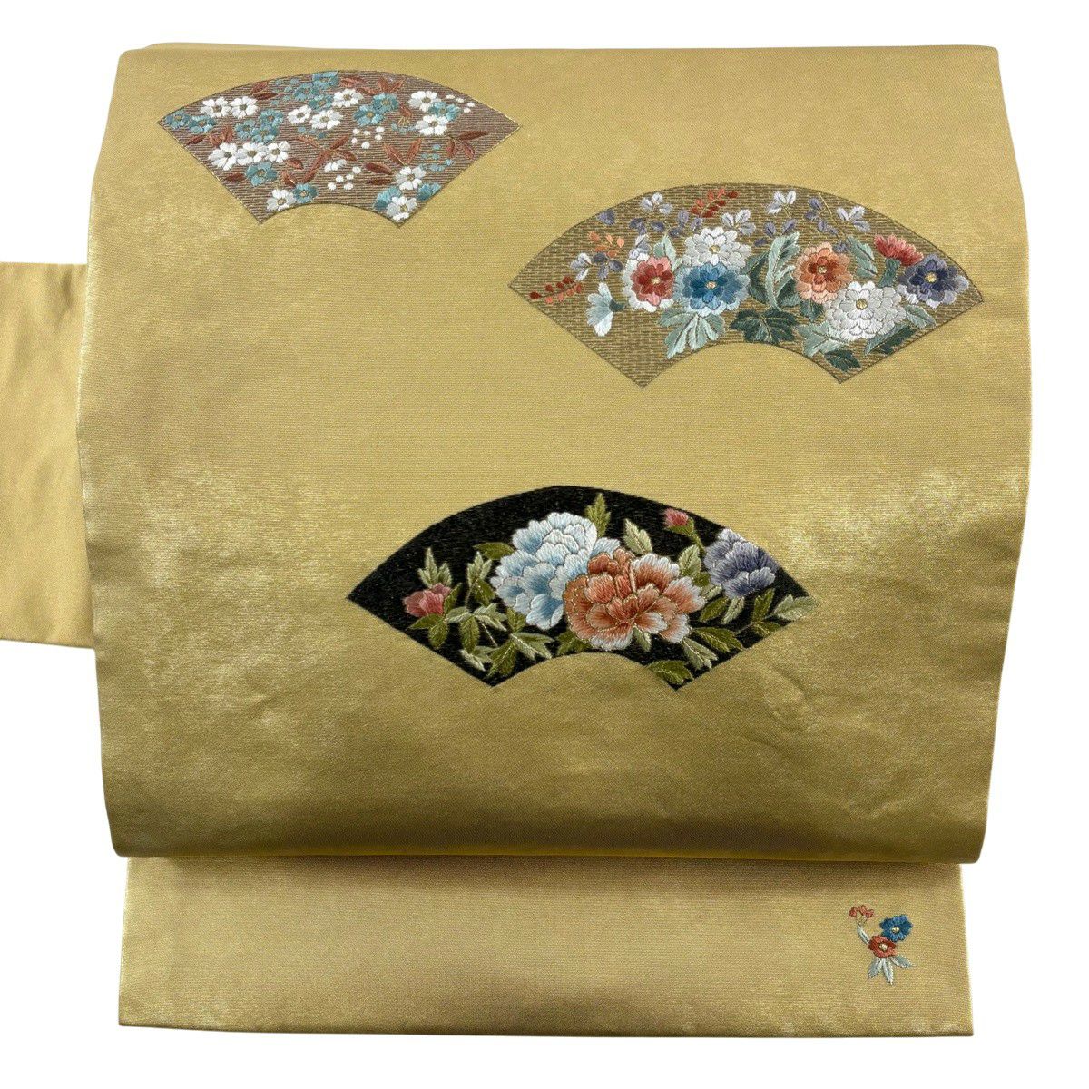 【美品】 名古屋帶 秀品級 扇子面 草花紋紋 刺繡 金金箔 金純蠶絲