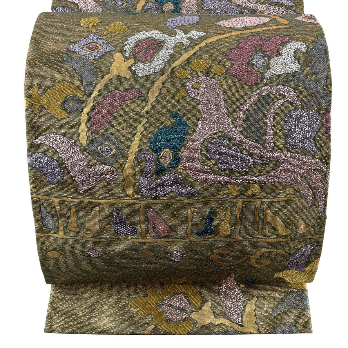 【美品】 袋帶 秀品級 鳥 草花紋 金金箔 金線 金色 六通 純蠶絲